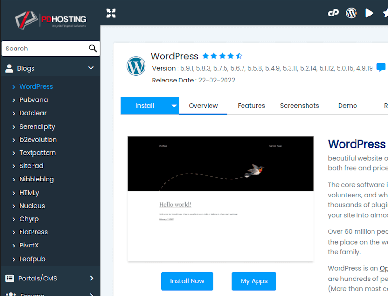 pdHosting cPanel Softaculous Application HomePage WordPress