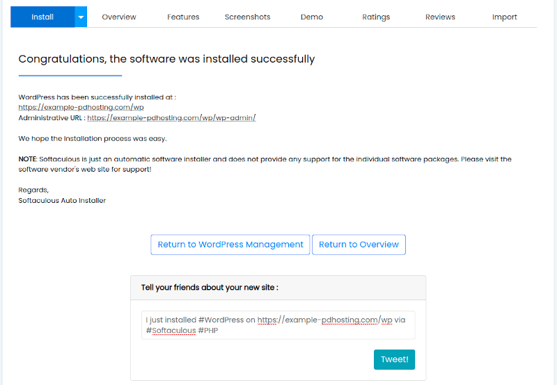 pdHosting WordPress Installed Successfully