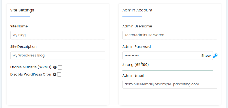 pdHosting WordPress Install Site Settings