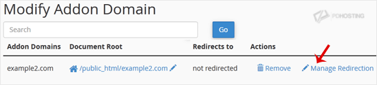 Manage Addon Domain redirection