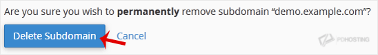 Confirm to remove Subdomain