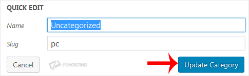Change its name and slug, and confirm with Update Category.