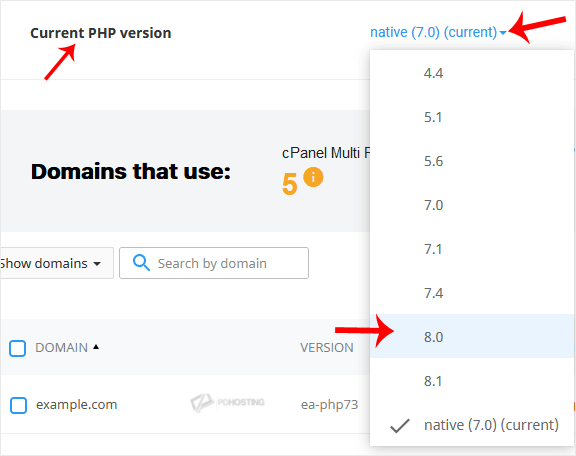 CloudLinux Current PHP Version options