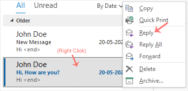 Outlook reply email