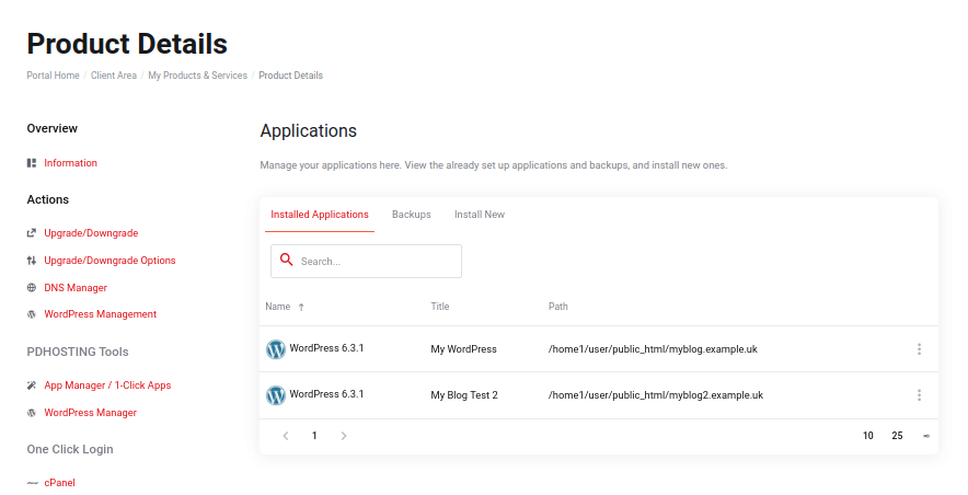 PD Hosting web hosting dashboard